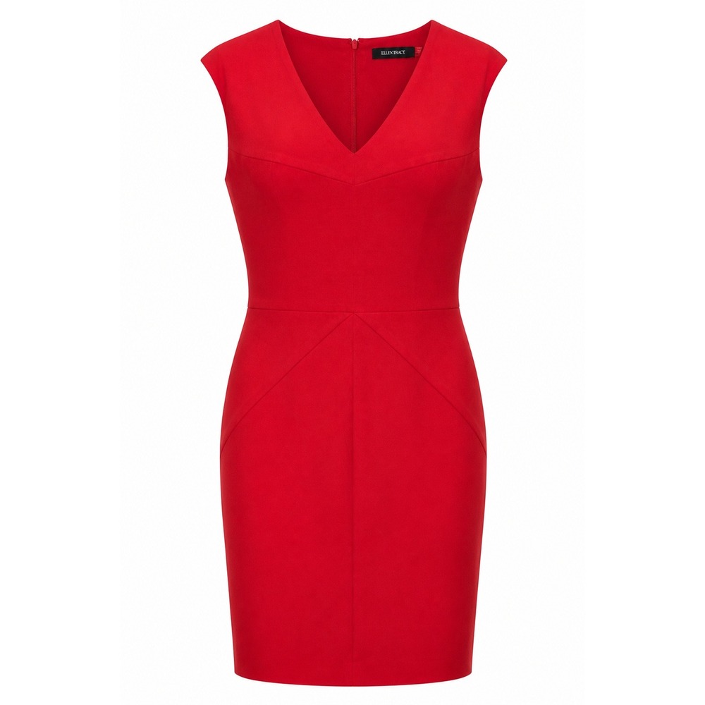 Ellen Tracy Red V-Neck Sleeveless Sheath Dress Size 14 Tailored Career Cocktail